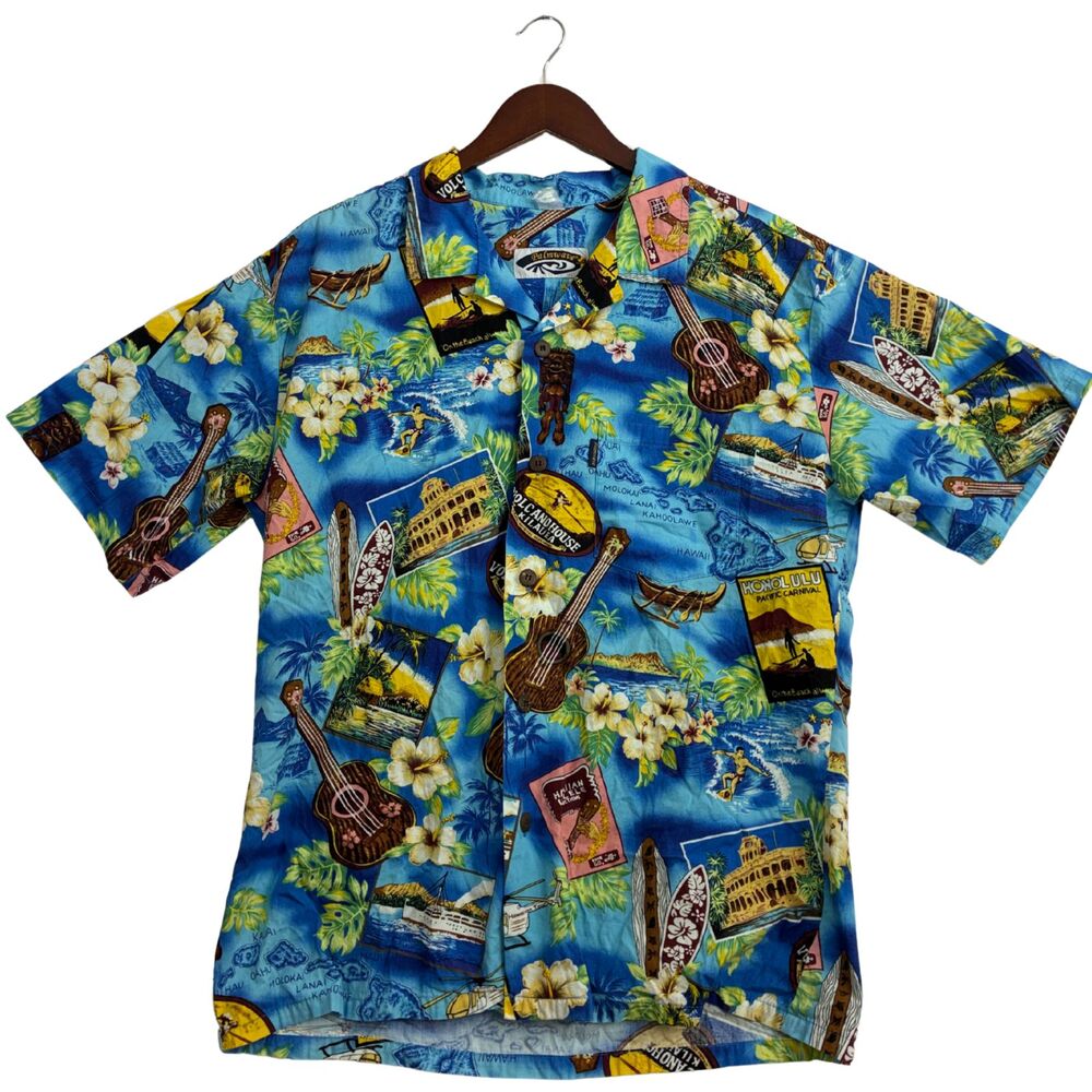 Palmwave Hawaiian Shirt Mens Blue Tropical Aloha Hawaii Ukulele Surf Button Up